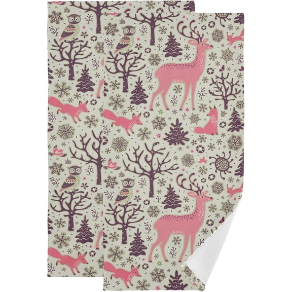 Winter Forest Pink Elk Hand Towels 2 PCS, Merry Christmas Kitchen Towel Ultra Soft and Highly Absorbent,Decorative Fingertip Face Towel for Bathroom Hotel, 28.3"x14.4"