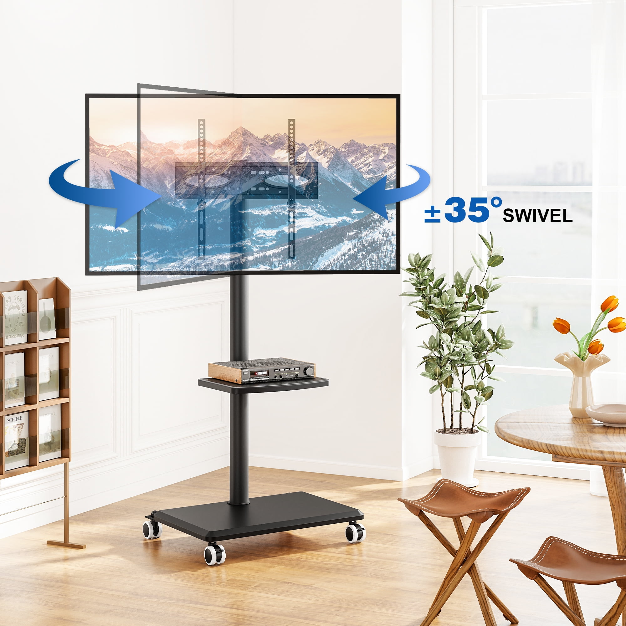 TAVR Furniture Rolling TV Cart Stand with Mount for 32-65 inch Screens, Corner Swivel TV Mount Stand with Rack Shelf