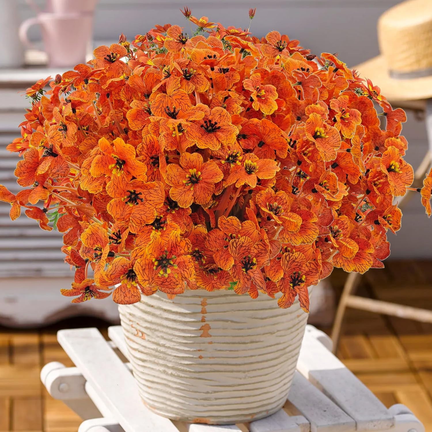 10 Bundles Artificial Fall Flowers for Outdoors UV Resistant Fake Mums Silk Faux Flower Plastic Plants for Outside Front Porch Potted Planter Baskets Home Indoor Decorations (Fall Color)