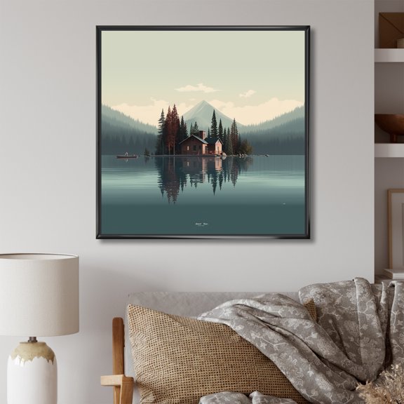 Designart "Tranquil Scenic Lake House I" Lakes Lakehouse Floater Framed Wall Decor