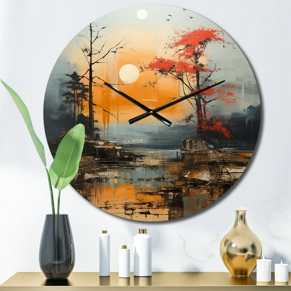 Designart "Orange Grey Asian horizon II" Abstract Landscape Oversized Wall Clock