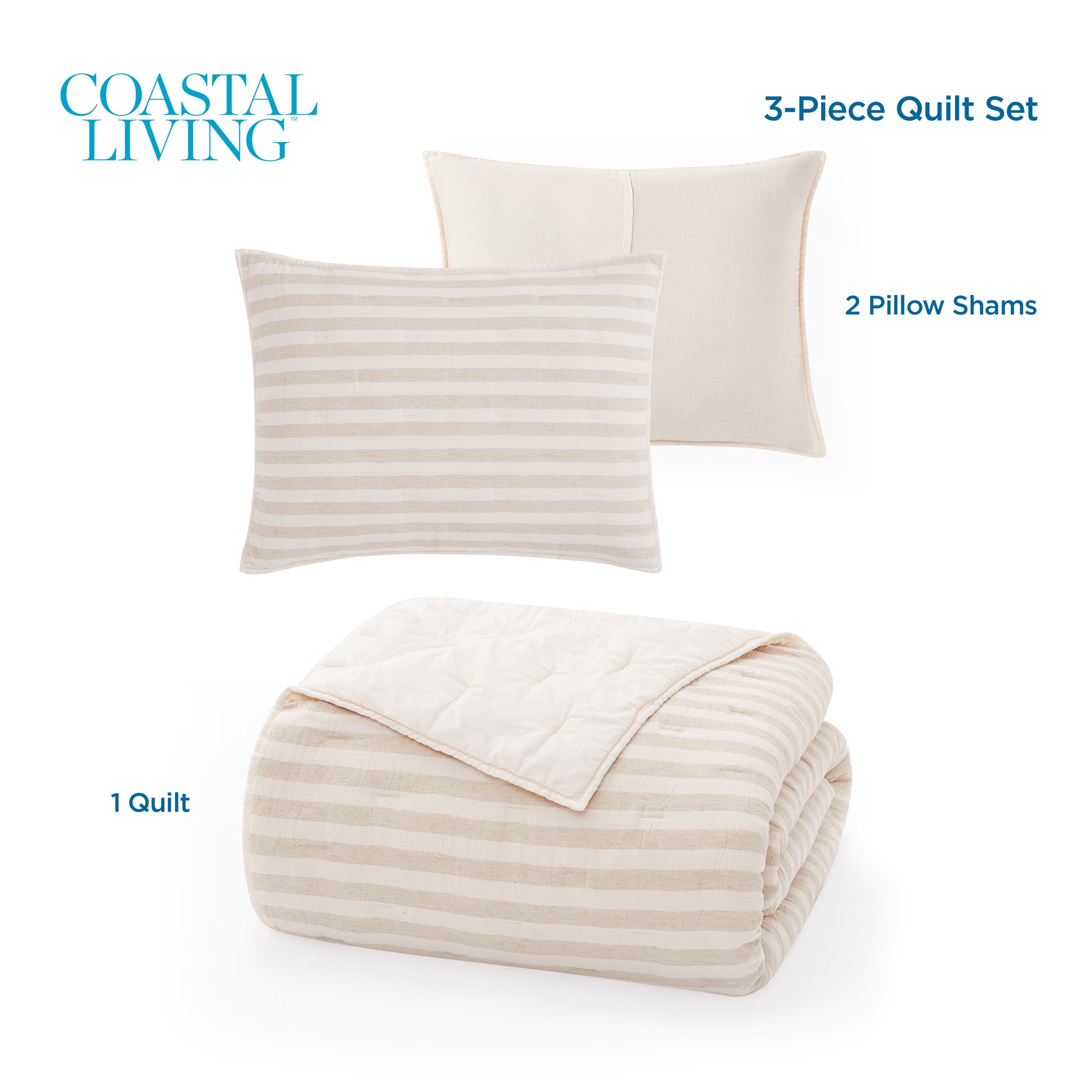 Coastal Living Tropical Luxe Striped 3-Piece Quilt Set, Full/Queen, Natural Ivory & Beige, Cotton-Linen Blend