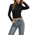 thumbnail image 2 of XRoczxe Women's Mock Neck Long Sleeve Crop Top, Slim Fit Ribbed Knit T-Shirt, Casual Solid Color Basic Tee for Fall Winter Daily Wear Layering, 2 of 7