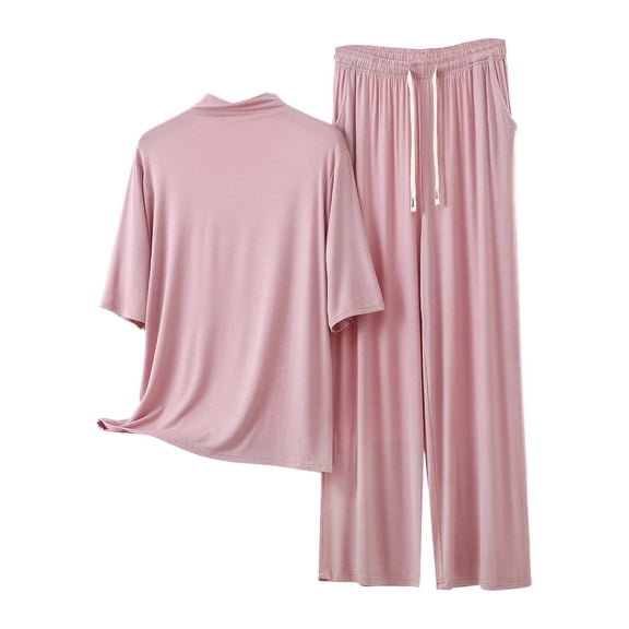 BUIGTTKLOP Womens Plus Size Pajamas Sets Half Sleeve High Neck Tops Drawstring High Waisted Lounge Pants Summer Outfits