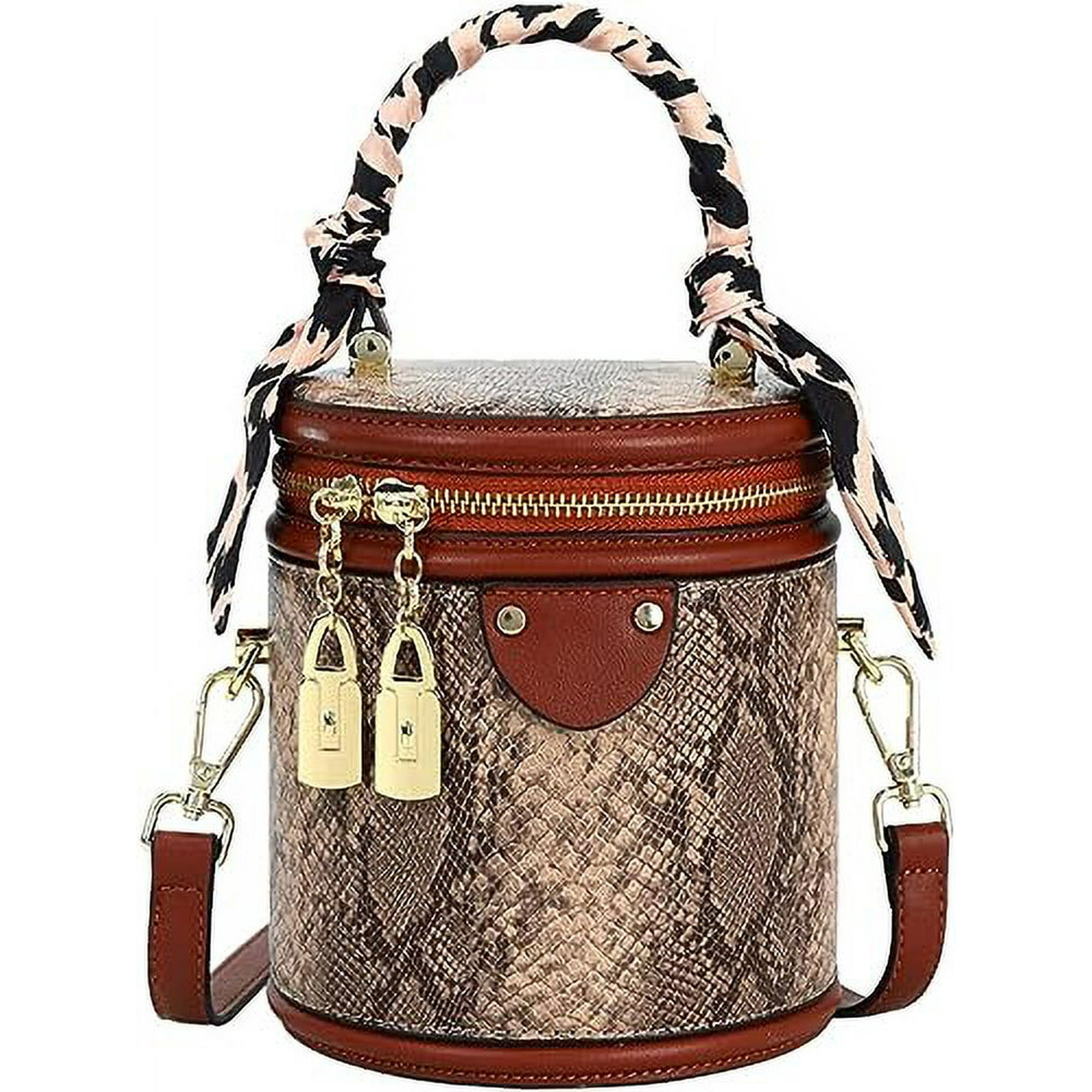 Women Vintage Bucket Handbag Snake Printed Faux Leather Crossbody Shoulder Bag with Double Metal Zipper