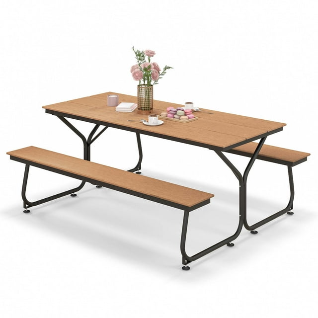 Costway Ensemble de Table et Banc de Pique-Nique 6 Pieds Extérieur HDPE Table Robuste pour 6-8 Personnes Brun