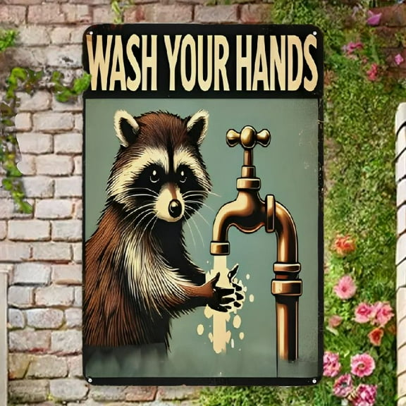 Vintage Raccoon "Wash Your Hands" Metal Sign - Humorous Wall Decor for Home, Bar, Cafe, or Garage - 8x12 Inch Aluminum Plaque with Rustic Design, Indoor & Outdoor Use
