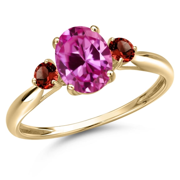 Gem Stone King 10K Yellow Gold Pink Created Sapphire and Red Garnet 3-Stone Ring for Women | 1.95 Cttw | Oval 8X6MM | Gemstone September Birthstone | Size 9