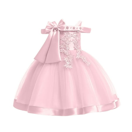 

YWDJ 3-10Years Girls Dresses Temperament Minimalistic Bowknot Flower Net Yarn Birthday Party Gown Dresses Pink 8-9 Years