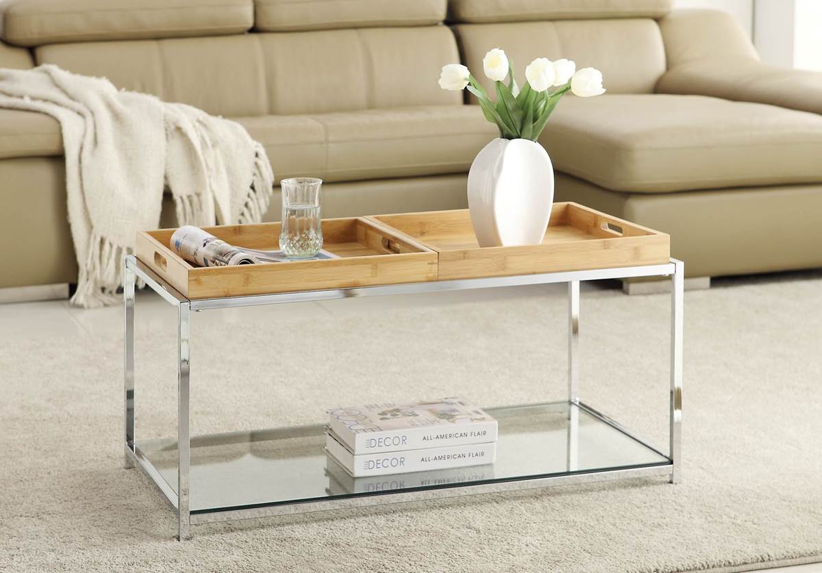 Convenience Concepts Palm Beach Glass Coffee Table w/ Serving Tray - Bamboo - image 5 of 5