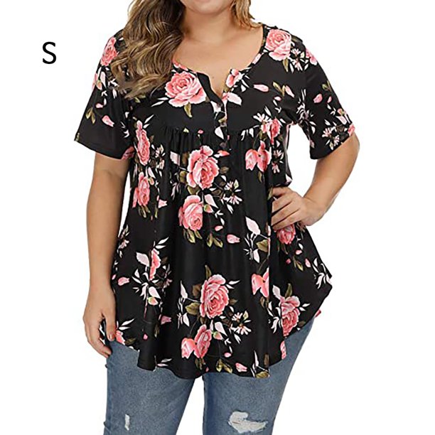 Camisa de mujer Camiseta de manga corta con estampado floral Blusa con cuello en V, Negro, S Kearding AP002466-01