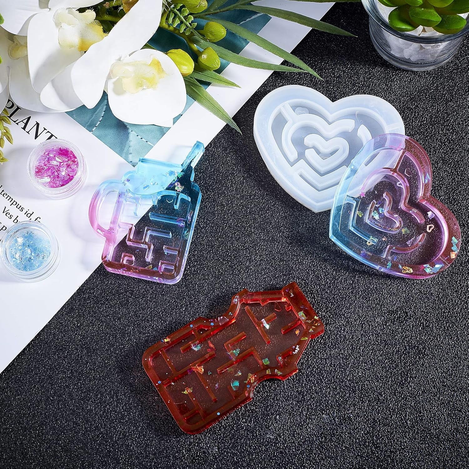 Epoxy Resin Molds Set 8 Shapes Labyrinth Silicone Molds Castle Molds with Sequins Measuring Cup Stirring Rod Pipettes and Latex Finger Cots DIY