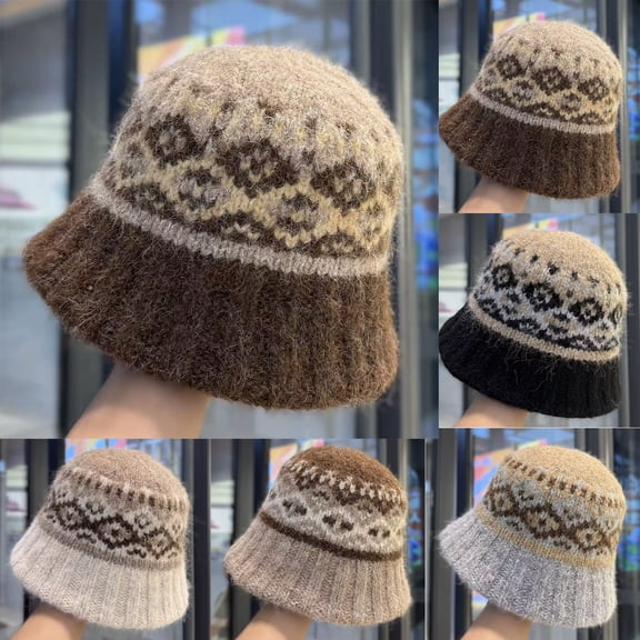 Women Winter Knit Bucket Hat -Vintage Warm Beanie Cap Fashion Packable Knitted Cloche Hat