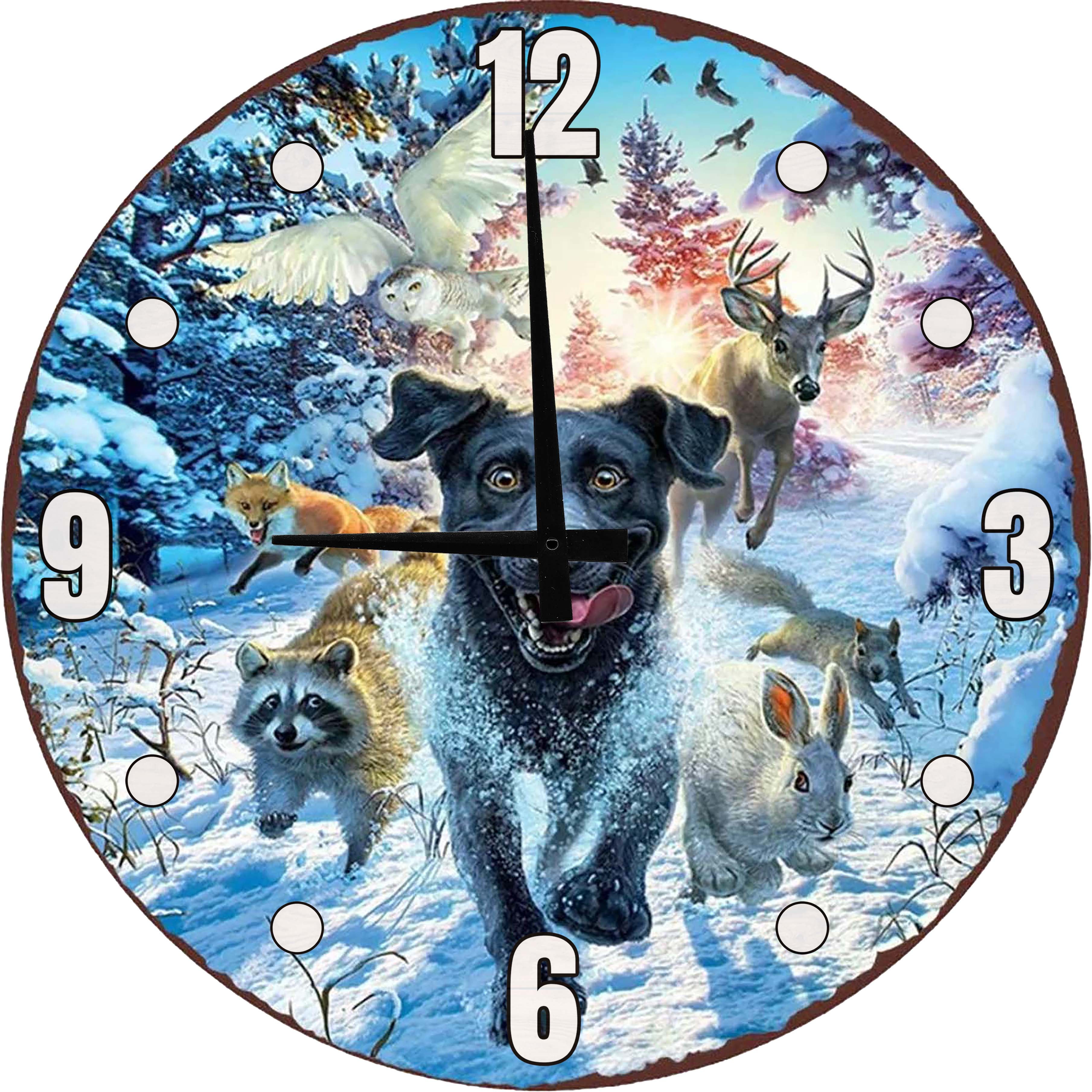 Wood Wall Clock Dog and Animals Winter Snow Dog Large Wall Clock 18
