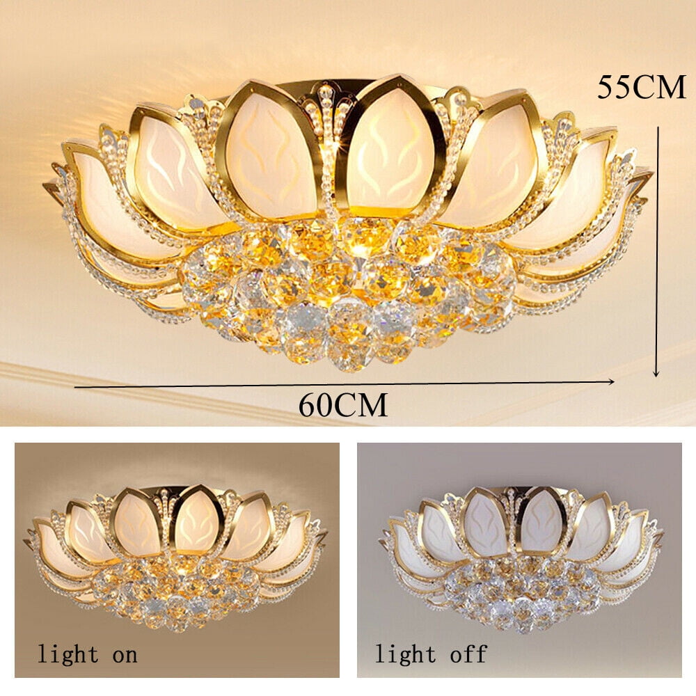110v Elegant Gold LED Ceiling Lamp Flush Mount 7 Head Crystal Lotus Chandelier for Dining Room, Study Room