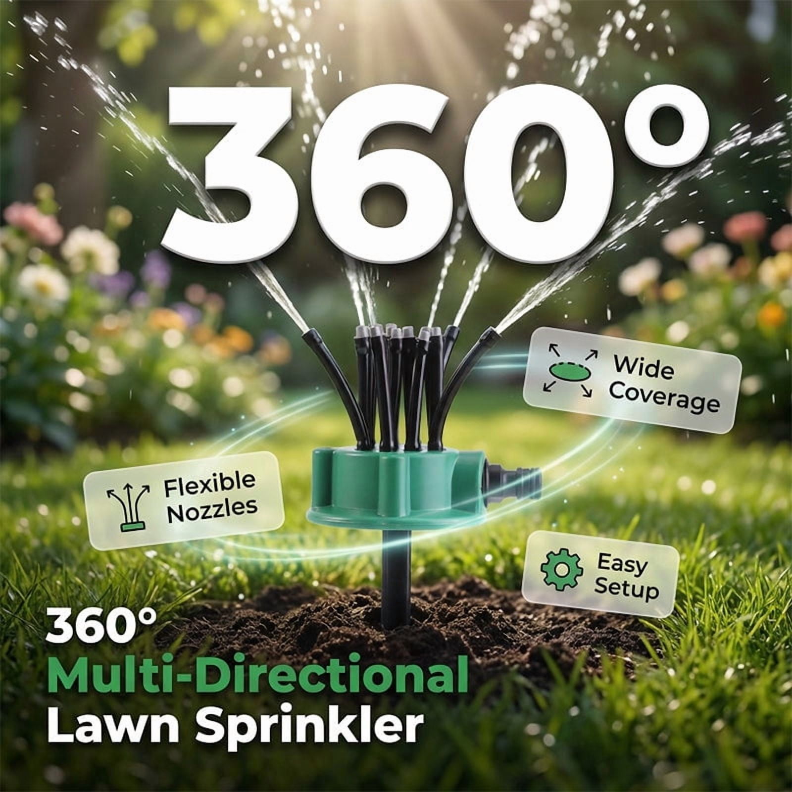 Homellea 360° Coverage Precision Garden Irrigation Sprinkler, Automatic Rotating Lawn Sprinkler for Yard Large Area, Water Saving System with Spike Base for Grass (1PC Sprinkler+1/2"、3/4"、1" Fit)