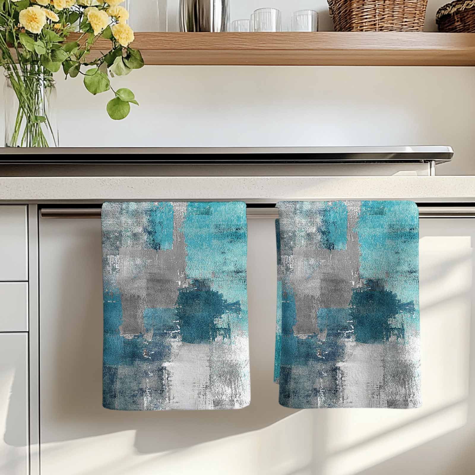 Dish Towels, Teal Gray Block Absorbent Kitchen Towels 2 PCS, Abstract Art Microfiber Hand Towels Dish Cloths Tea Towels for Home&nbsp;Bathroom Cleaning Drying,18X28-Inch,