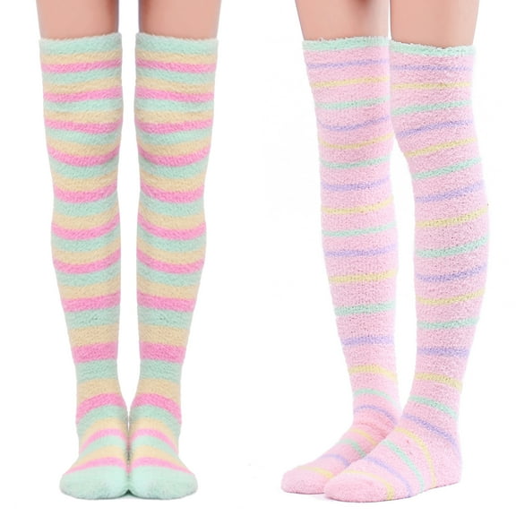 Littleforbig Women Cute Coral Fleece Thigh High Long Striped Socks 2 Pairs