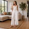 thumbnail image 2 of Wrongduck Women's Lace Trim Wide Leg Pants, Cropped Palazzo Trousers with Drawstring Elastic Waist and Pockets, Lightweight Summer Casual Lounge Pants, 2 of 7