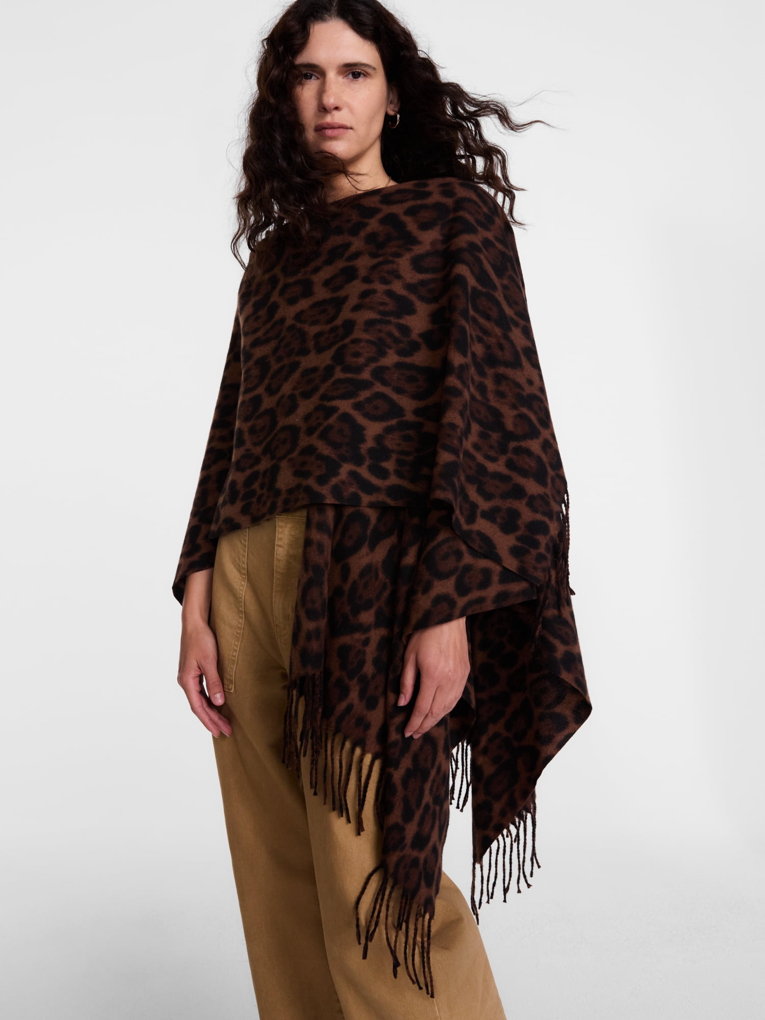Scenario Women's Fringe Ruana, Mid-weight, Brown Leopard