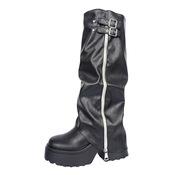 Black Ladies Knee High Boots With A Chunky Sole And Round Toe For A Versatile And Stylish Casual Wear