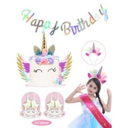 LaRibbons Unicorn Cake Topper Decor,Headband,Satin Sash,Unicorn Plates and Happy Birthday Banner Unicorn Birthday Party Set Baby Shower Decoration