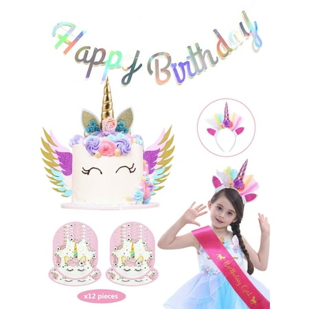 LaRibbons Unicorn Cake Topper Decor,Headband,Satin Sash,Unicorn Plates and Happy Birthday Banner Unicorn Birthday Party Set Baby Shower Decoration