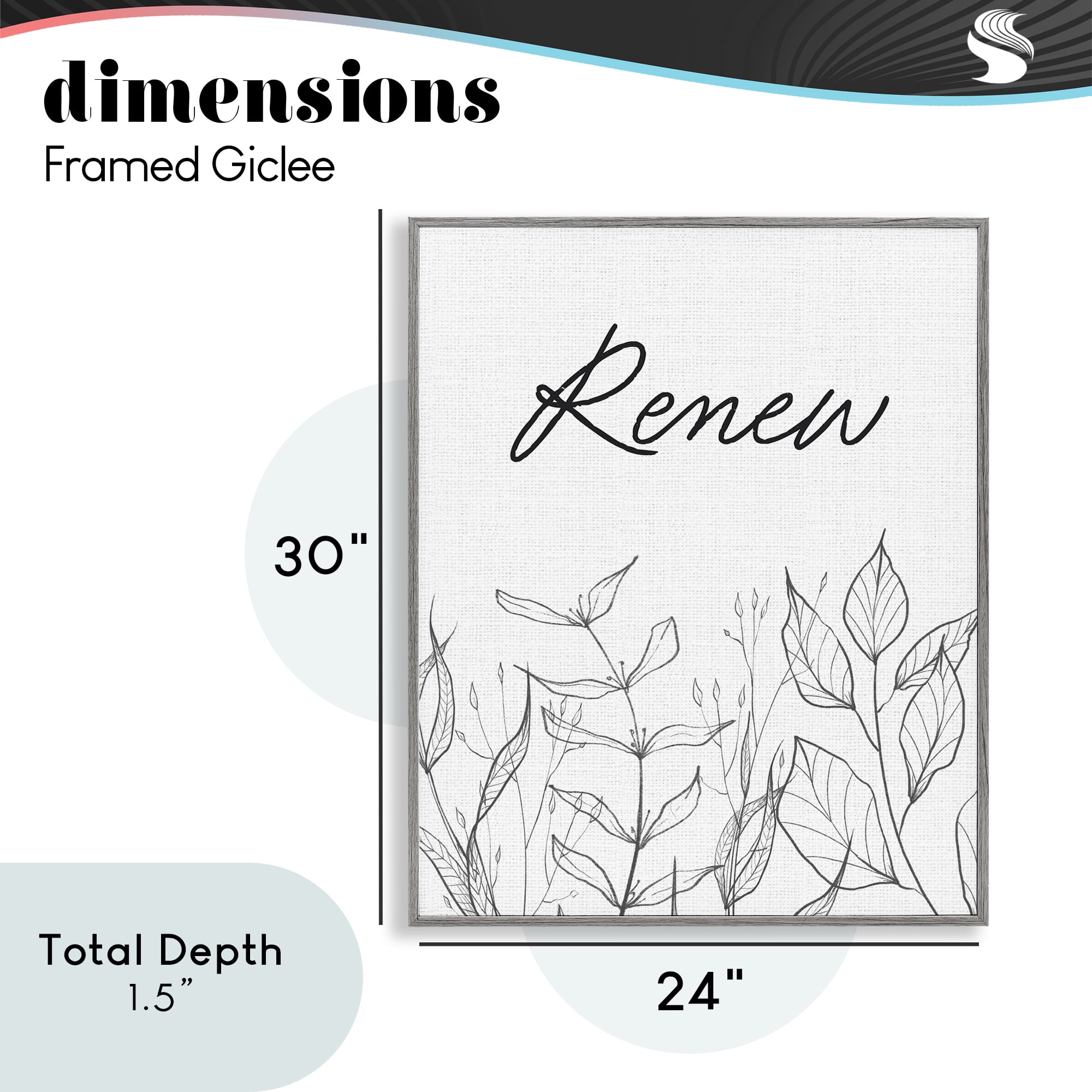 Renew with Leaf Outlines Gray Framed Giclee Art, design by Lettered and Lined