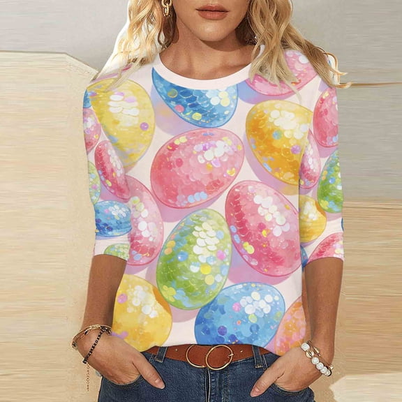 Royisotas Easter Shirts for Women - Happy Easter 3/4 Sleeve Shirts Easter Bunny Graphic Tee Casual Easter Gift Tops