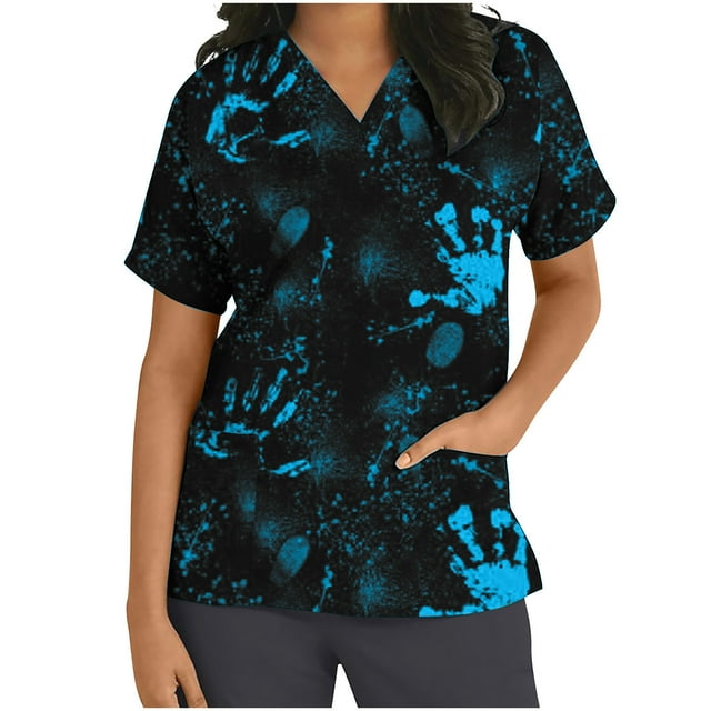 EGNMCR Blouse d'Uniforme de Travail Imprimée d'Halloween pour Femmes, Manches Courtes, Col en V, avec Poches, Costumes d'Halloween