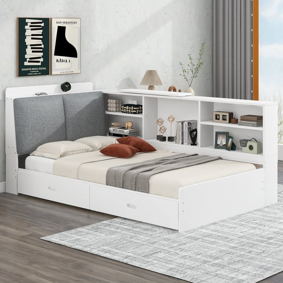 Twin Size Wood Platform Bed with Storage Headboard, Shelves and 2 Drawers, Upholstered Headboard with Rotatable Storage Board, Solid Pine Frame, No Box Spring Needed, White