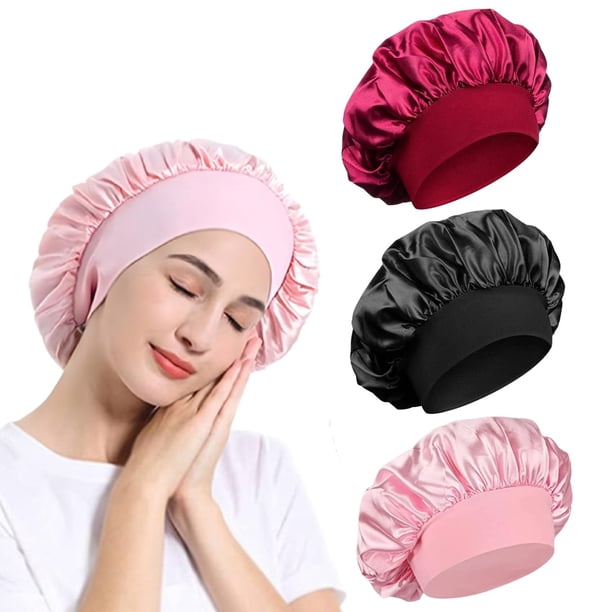 Paquete de 3 gorros de satén para dormir con banda elástica ancha, funda de seda suave para la cabeza, gorro para dormir para mujeres y niñas con cabello rizado (rosa, negro y rojo)