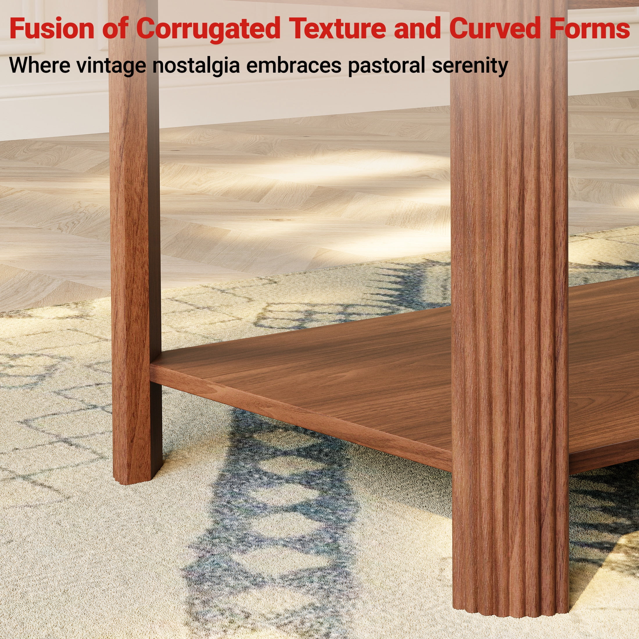 Noble House 39.4" Rectangular Coffee Table with 2-Tier Storage Shelf, Vertical Wave Grain Legs, Walnut