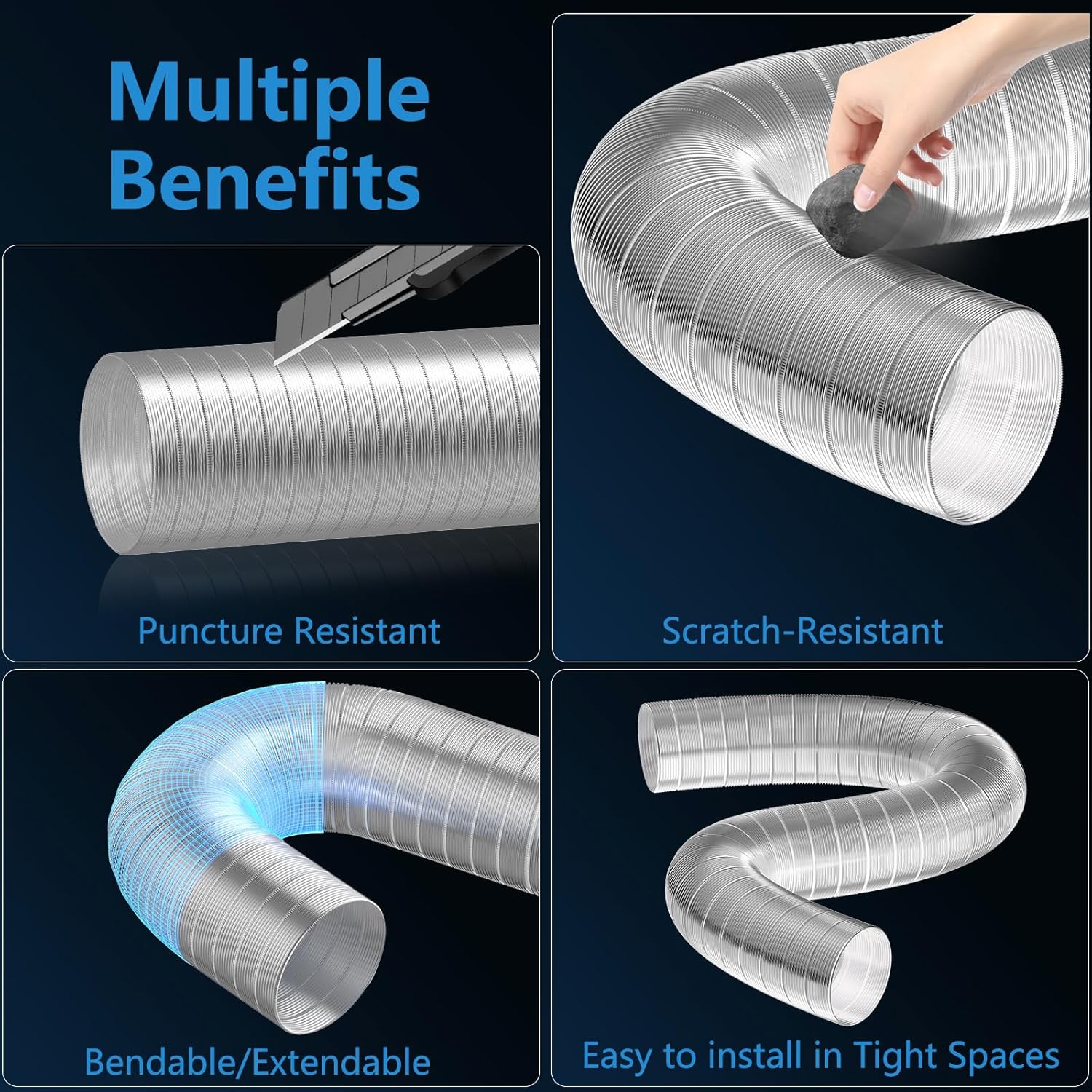 Hon&Guan 4-inch Semi Rigid Dryer Vent Hose, 8 Feet Flexible Aluminum Duct with 2 Clamps, and Aluminum Foil Tape
