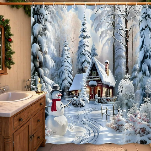 Christmas Shower Curtain, Cute Snowman Snow Forest Bathroom Curtains, Wooden House Rustic Farmhouse Waterproof Polyester Fabric Bath Home Decor Set with Hooks, 66x72 Inch
