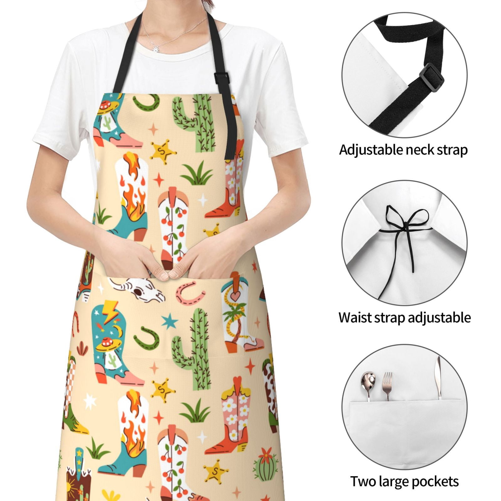 Kdxio Groovy American Western Footwear Apron with Pockets Adjustable Kitchen Aprons for Men Women Waterproof Aprons for Cooking,Drawing,Crafting, Baking Household Cleaning
