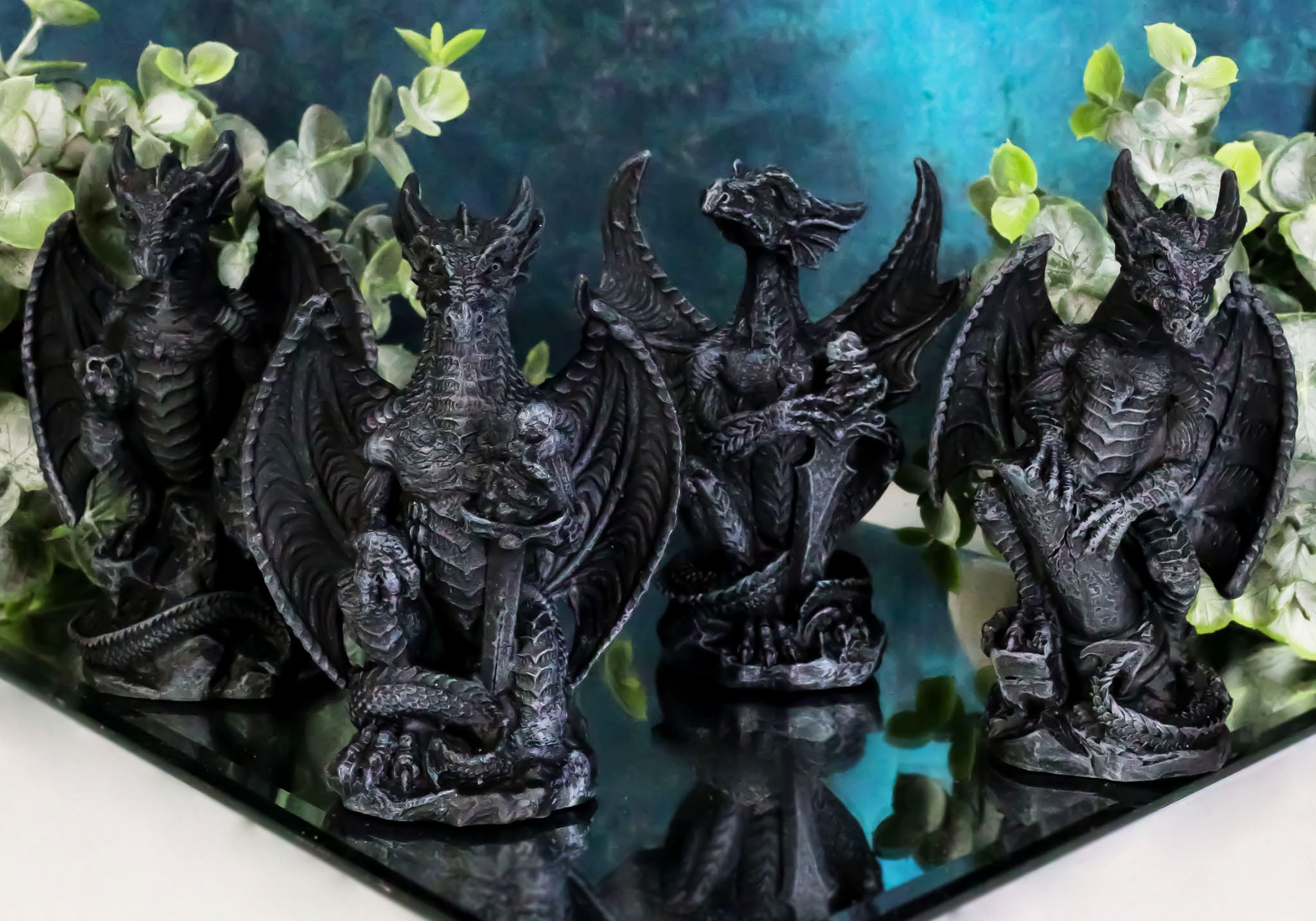 Faux Stone Fantasy Sentinel Guardian Dragons Statue Set Of 4 Dragon Miniatures