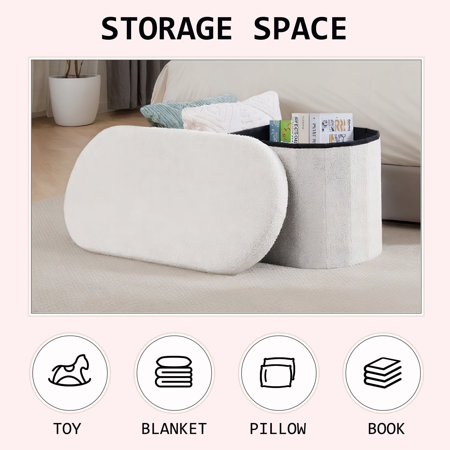 PINPLUS Storage Ottoman Bench Tufted Oval Ottoman Bench Foot Rest Velvet Bench with Storage 30" White