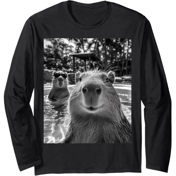 Velto Design Cool CapybaraCool Capybara Selfie Long Sleeve Sweatshirt All Size S-5XL