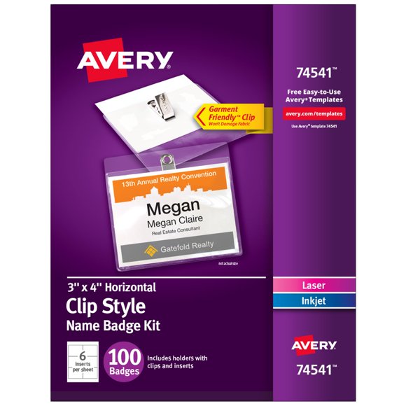 Insignias identificativas Avery, estilo clip, 3 x 4 cm, con soportes transparentes, 100 unidades
