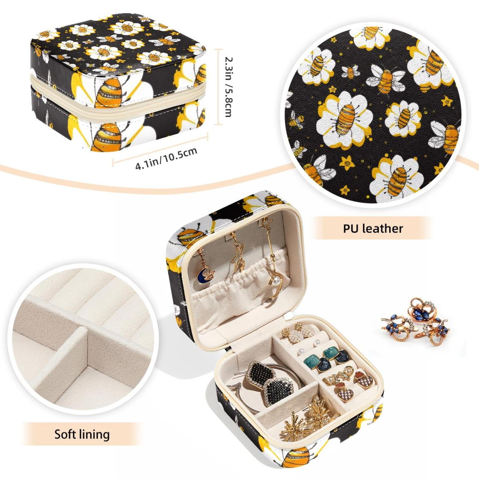 PhooArto Small Jewellery Box, Cartoon Bees Flowers Pattern Portable Travel Mini Jewelry Case for Women Leather Ring Organizer