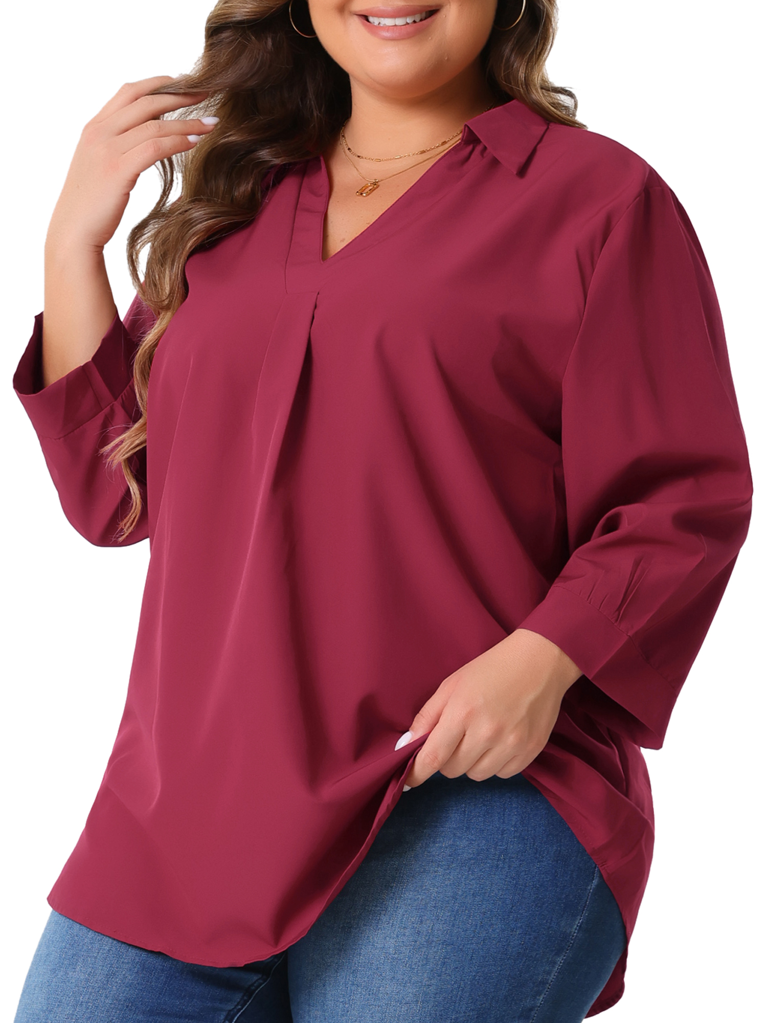 DARING DIVA Women's Plus V Neck Long Sleeve Flowy Blouse 2X Burgundy