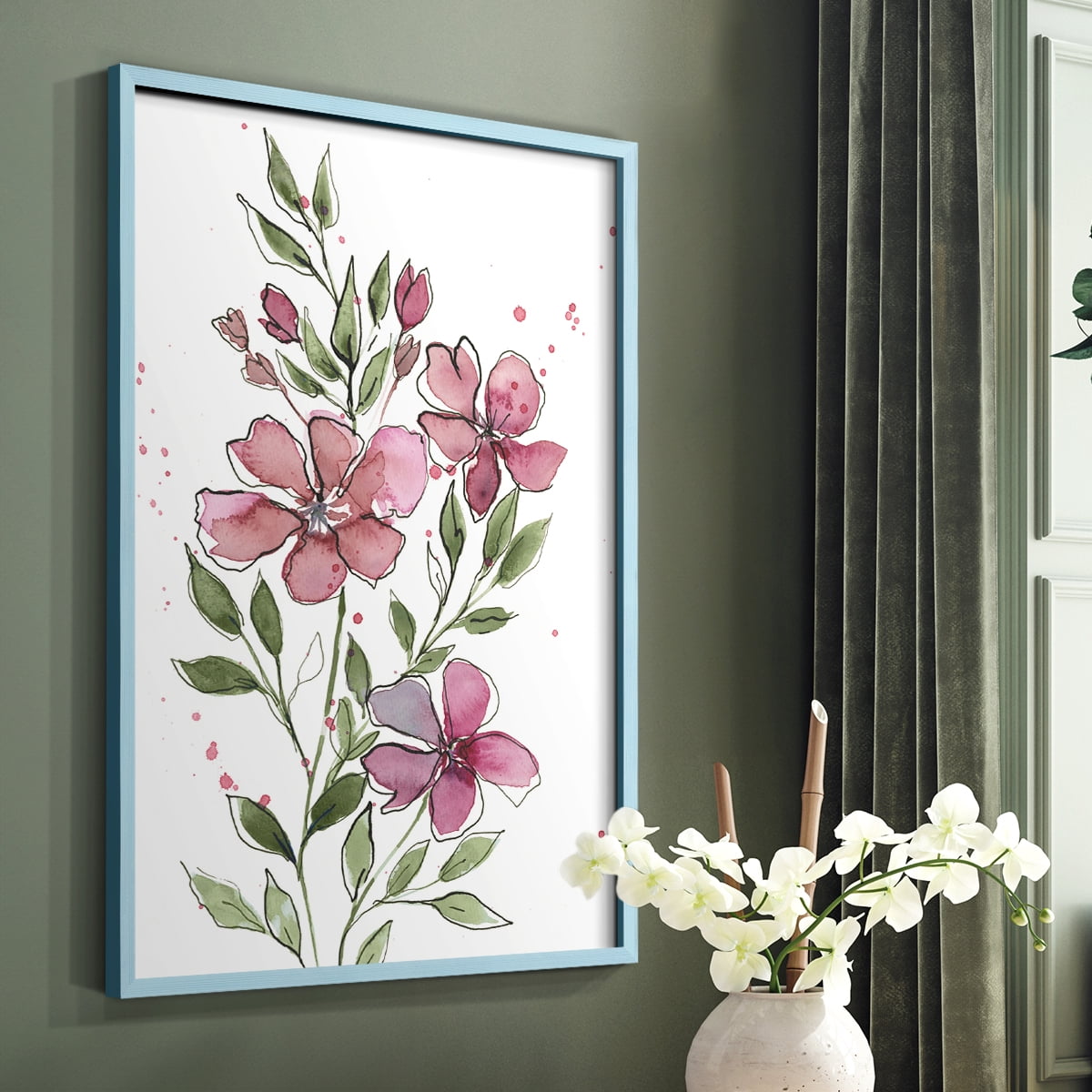 Watercolor Floral Stems I Framed Print in Blue Solid Wood 8 x 10 Framed Print