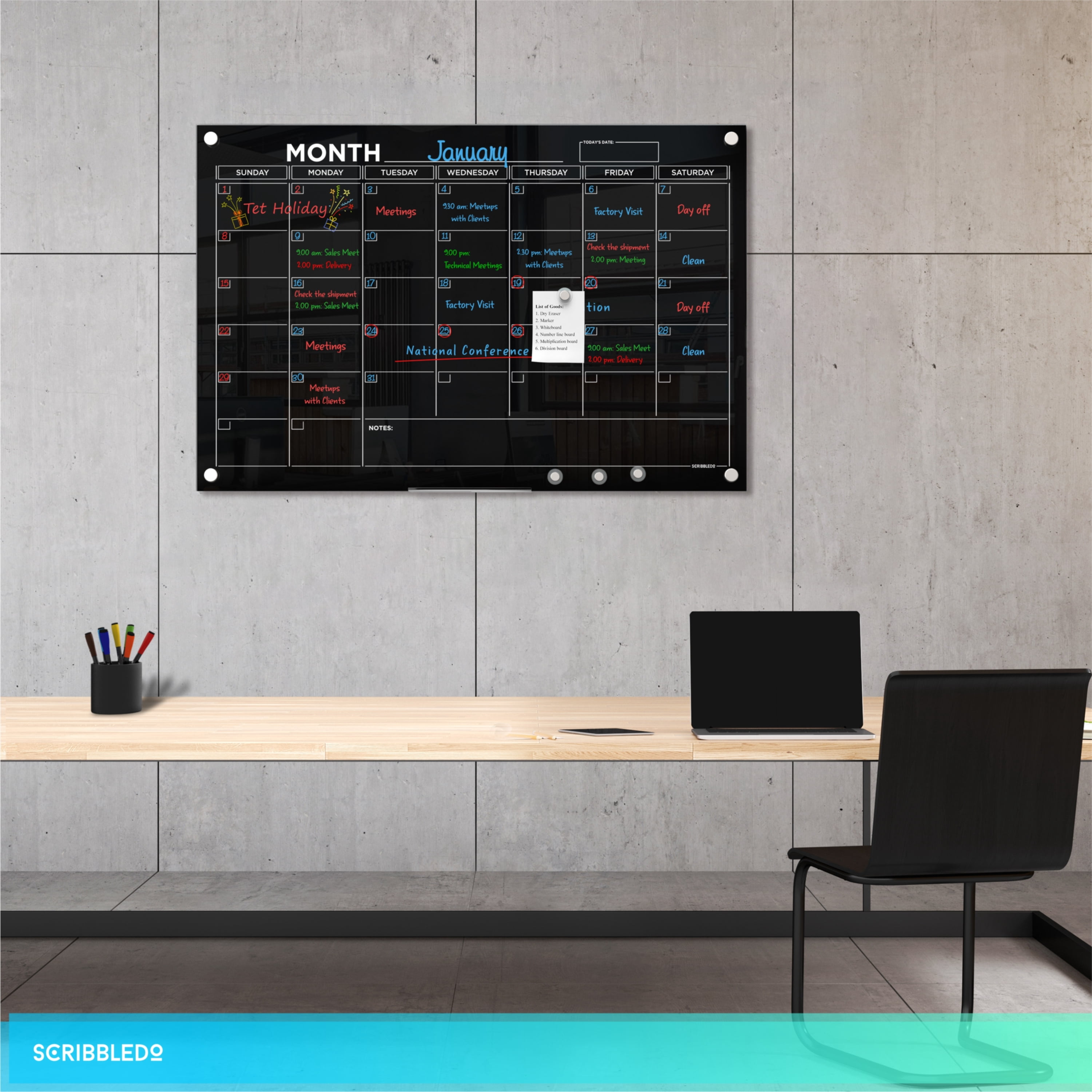Black 24”x36” Magnetic Glass Whiteboard Calendar Planner White Board Calendar Dry Erase Board Dry Erase Calendar for Wall Monthly Glass Calendar Whiteboard Home Office Large Wall Calendar