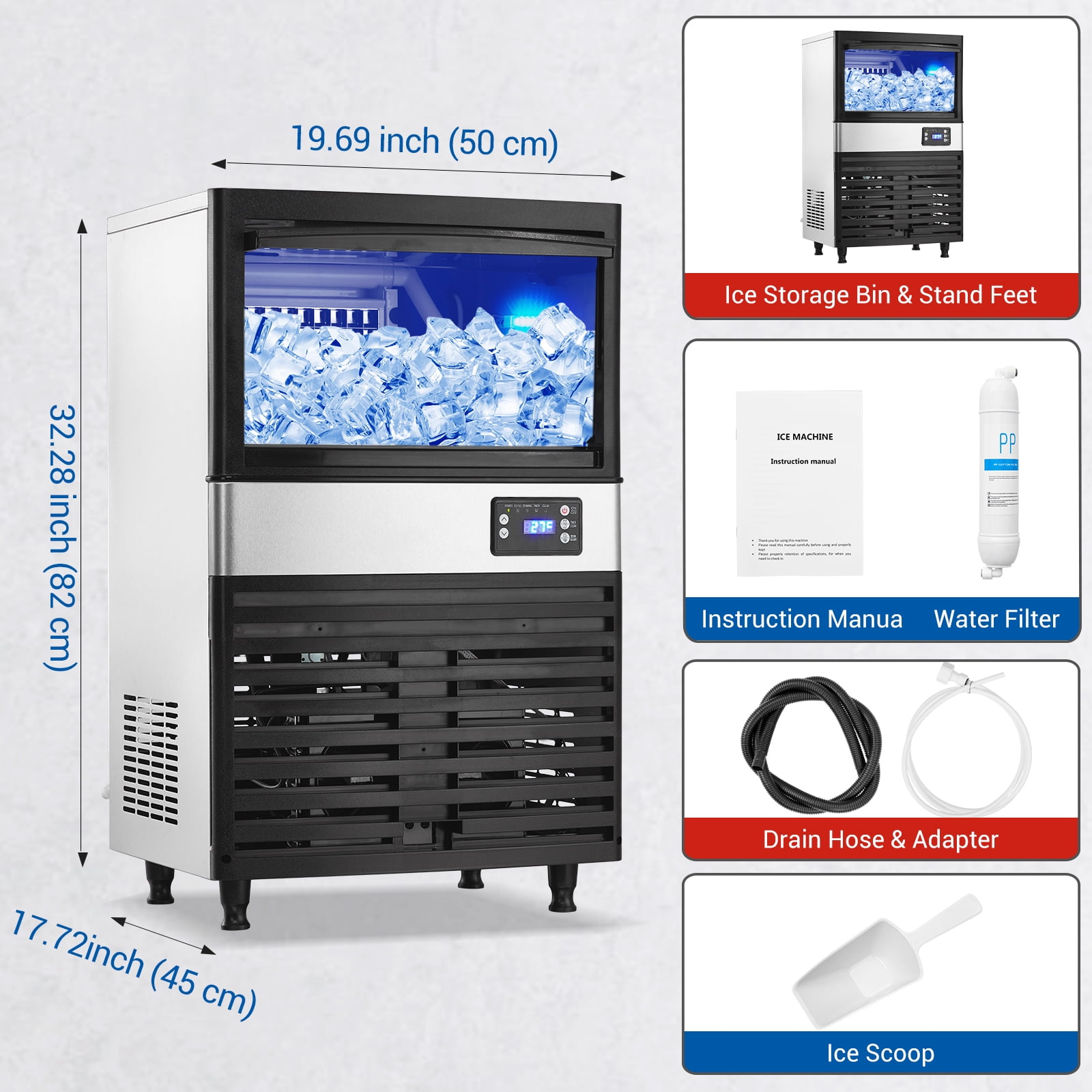 110lbs/24H Commercial Ice Maker Machine, 27lbs Storage, Makes 55 Clear Cube Ice Every Cycle in 10-20 Mins, Stainless Steel