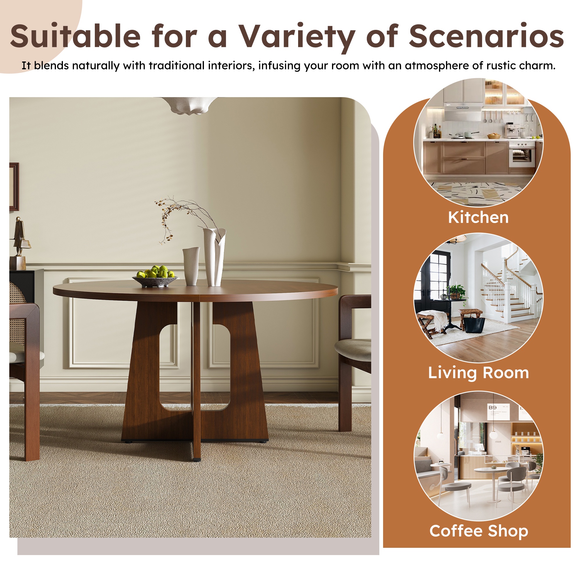 PORKISS 47" Coffee Table, Round Dining Table for 4-6 People, Modern Wooden Kitchen Table for Dining Room, Kitchen, Living Room, Wood Grain-Walnut (Only Table)