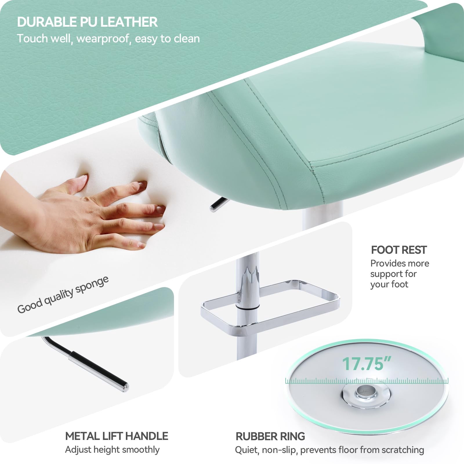 PU Leather Bar Stools, Adjustable Height 24."-32.25, Swivel Barstools with Back & Footrest, Upholstered Bar Chairs for Kitchen Island, Dining Room, Home Bar (Mint Green, Silver Base)