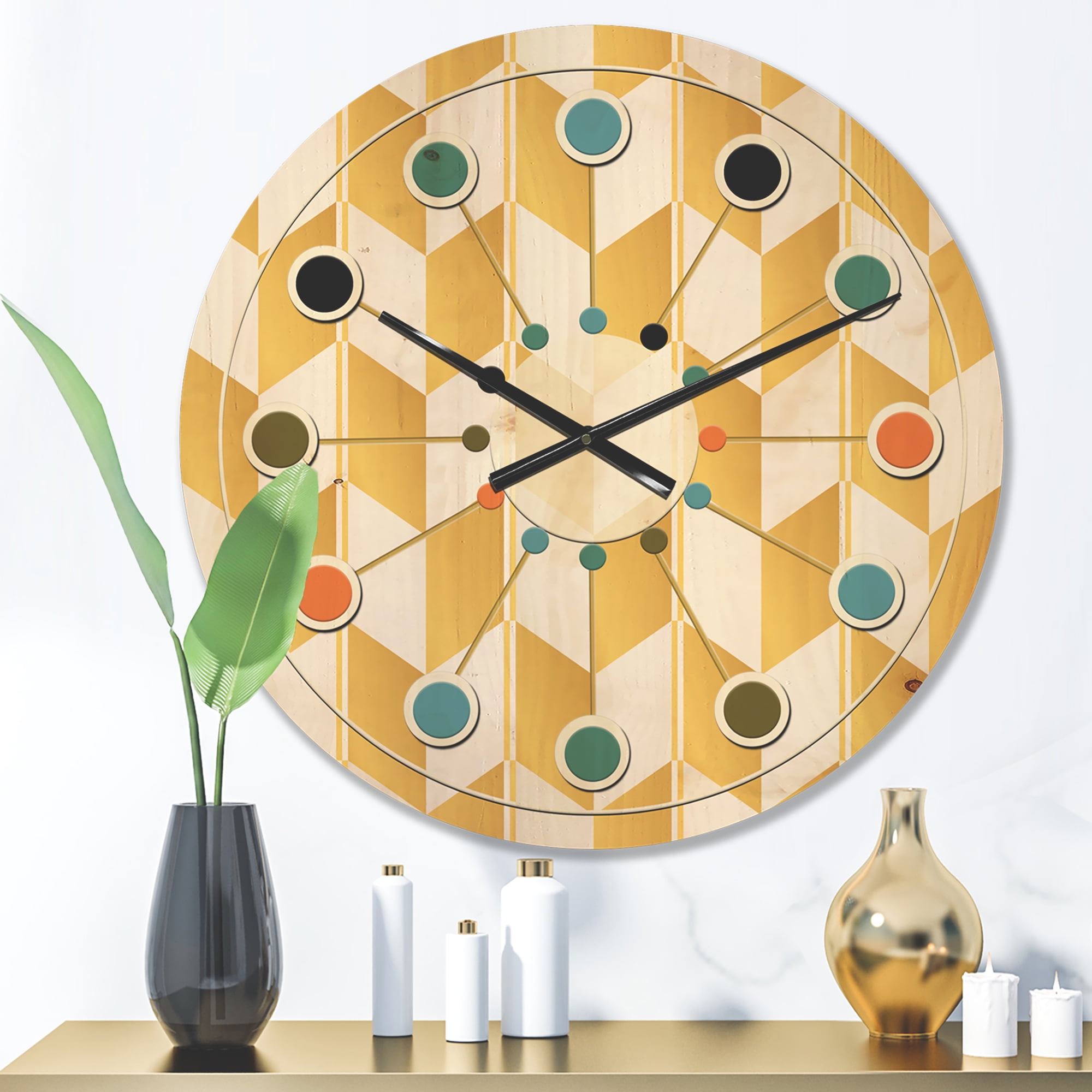 Designart 'White and Gold Geometric Pattern I' Mid-Century Modern Wood Wall Clock