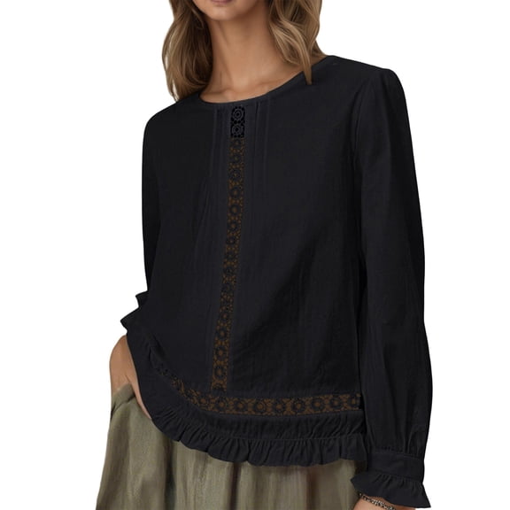 TEDOYE Women Tshirts Full Sleeve Casual Loose Fit Solid Color Crew Neck Breathable Linen Blend Top For Everyday Wear,Black,L