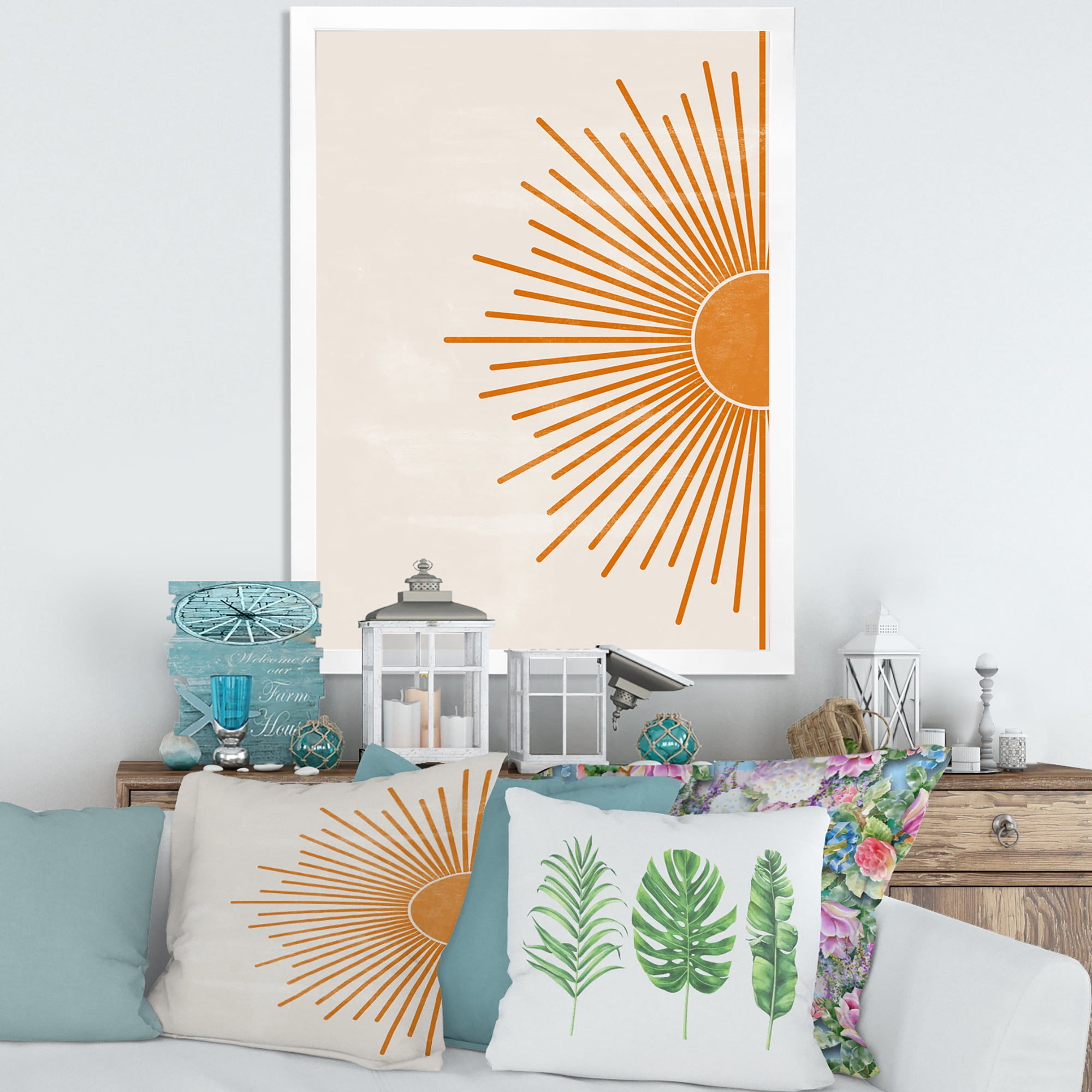 Designart 'Orange Sun Print On Beige I' Modern Framed Art Print